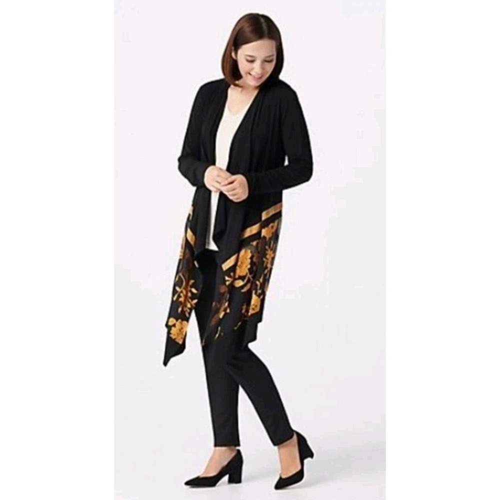 Susan Graver XLP Open Cardigan Burnout black & Gold Floral Asymmetrical Cardigan